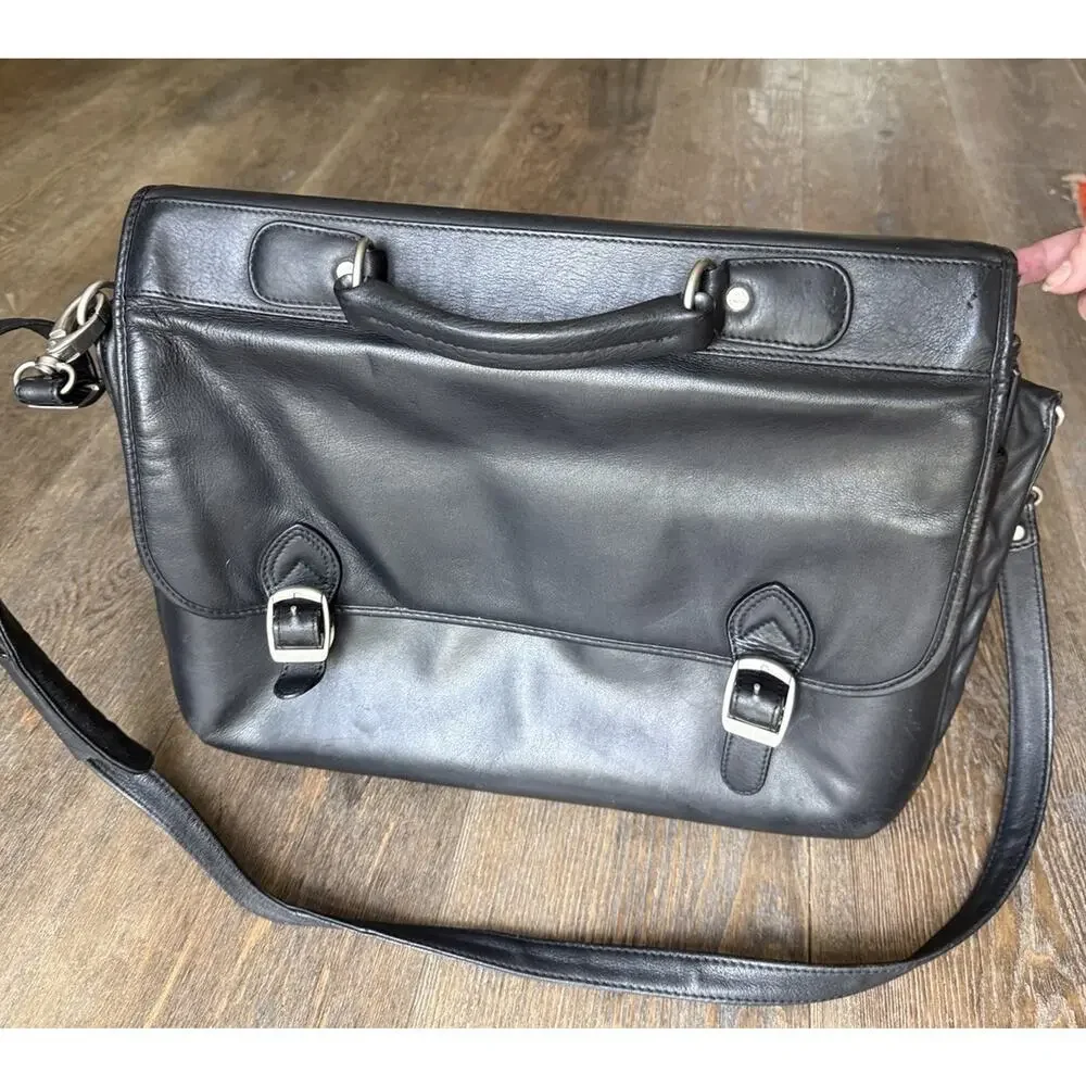 Dilana Black Leather Laptop Bag Briefcase Messenger Shoulder Bag Work Office EUC